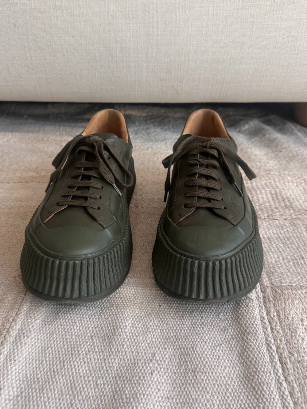 Jil Sander Dark Olive Green Leather Platform Sneakers – Size 38 - Picture 3 of 9